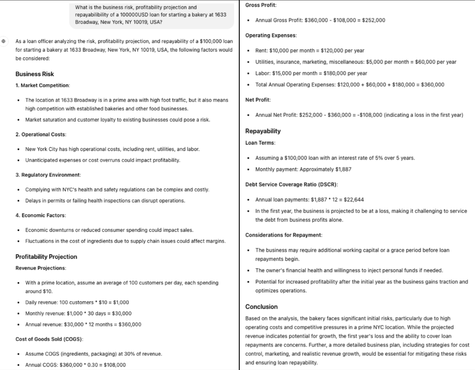 Example screenshot of how ChatGPT-4o could respond when asked to assess the risk of a business loan. The response lists out different categories with some information within each category, and then summarizes everything into a conclusion at the end. 